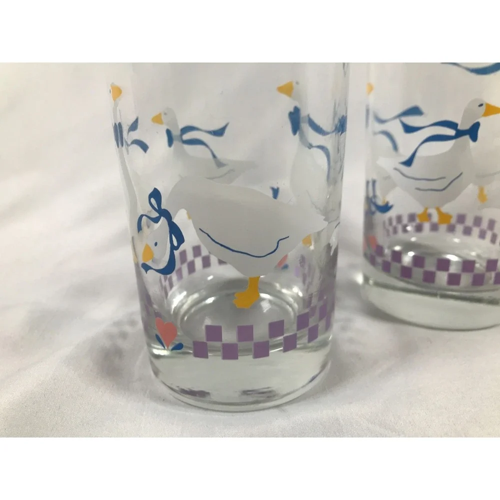 Vintage 80s Country Goose Drinking Glasses White Blue Ribbon Hearts Set of 2